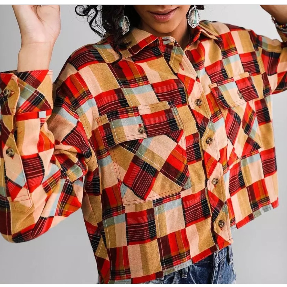 Gilded Intent Multicolor Check Plaid Flannel Button Crop Shirt Sz L